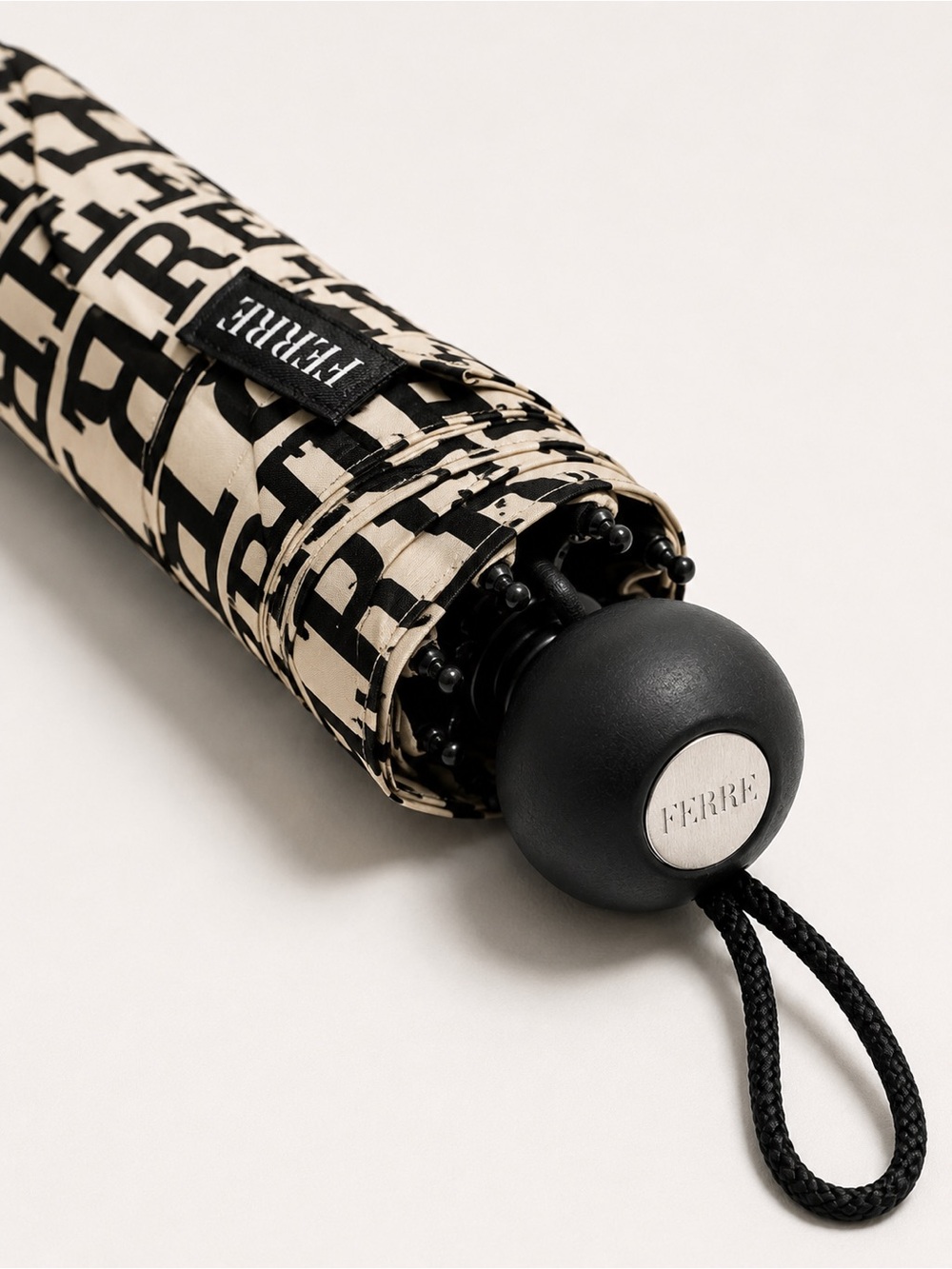 FERRE by Gianfranco Ferré Logo Print Folding Umbrella Black Ivory Italy